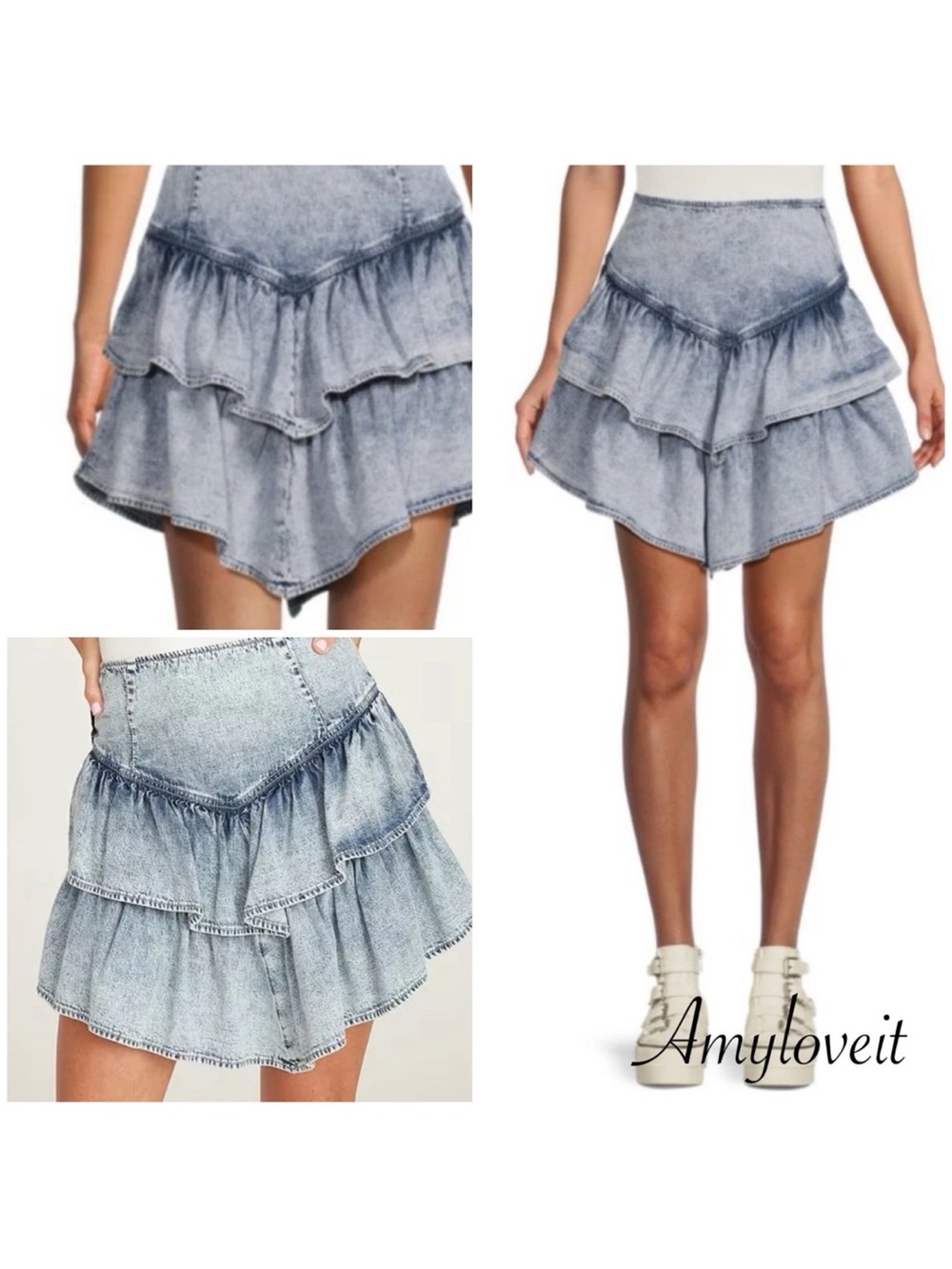 DRIFTWOOD Light Wash Denim Asymmetrical Tiered Ruffle Skirt